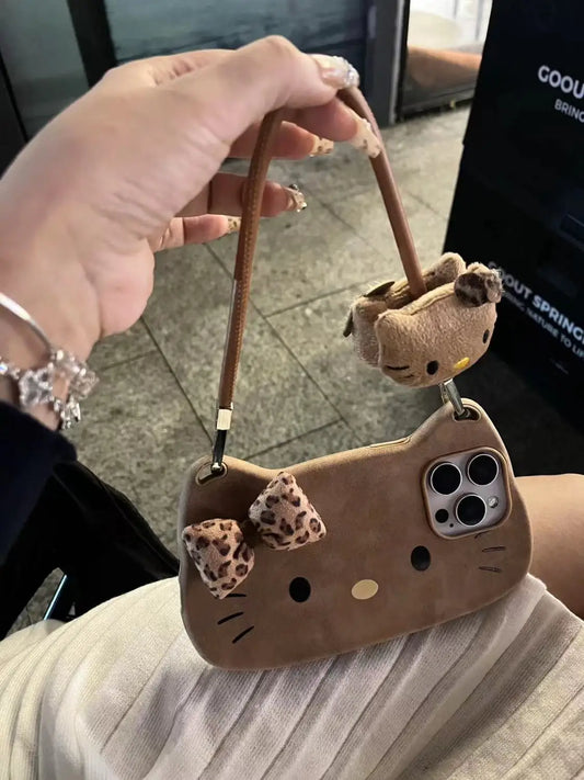 Sanrio Hello Kitty Lovable Brown Leopard Print Bow Phone Case For iPhone 16 15 14 13 Pro Max Y2K Girl Cute Hand Strap Back Cover